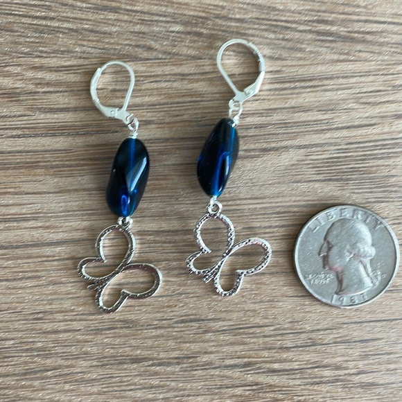 HAND CRAFTED BUTTERFLY EARRINGS, Blue and Silver - Picture 4 of 12